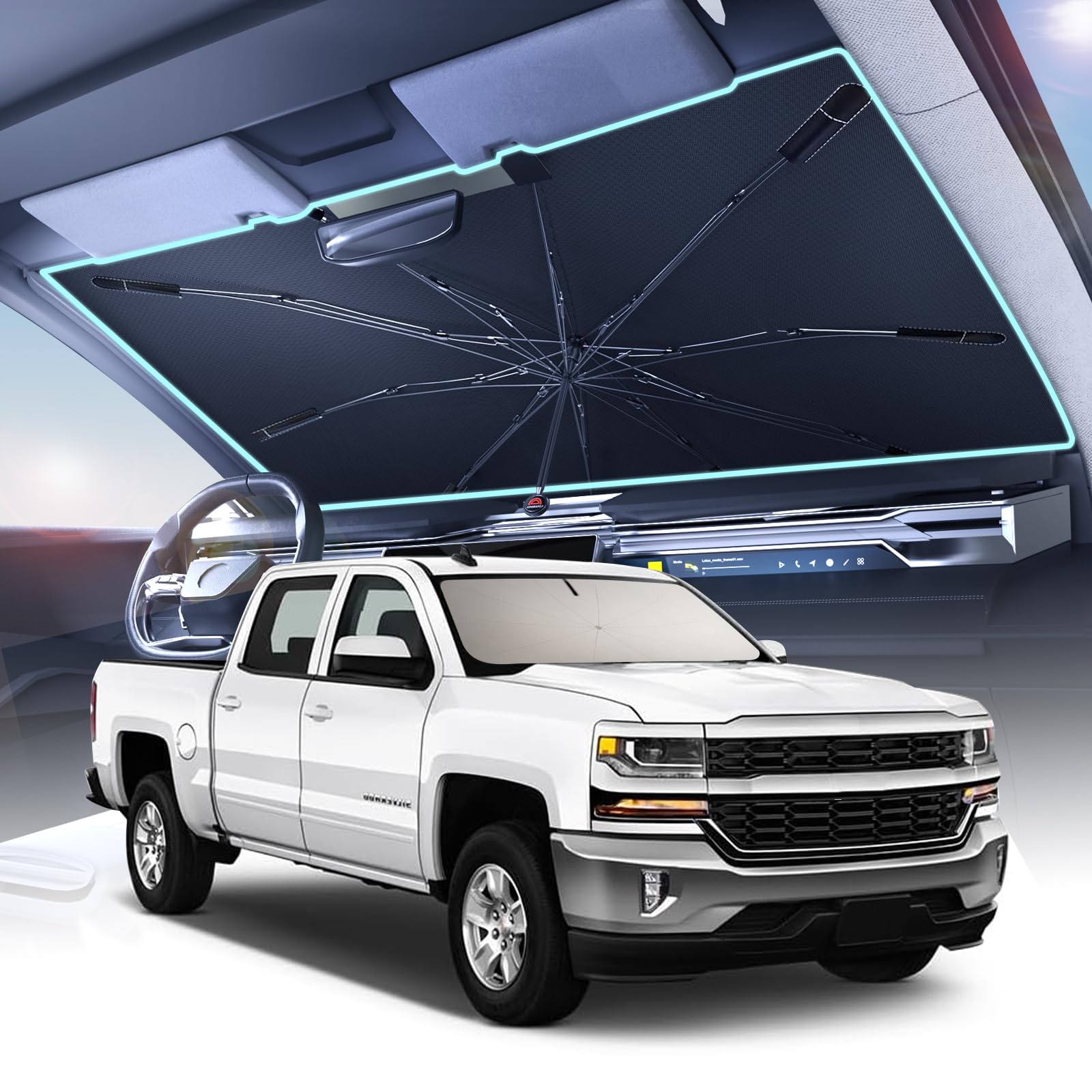 Photo 1 of [2025 Upgrade]Coverado Sunshade for Car Windshield, UPF80+ Full-size Trucks/SUVs Windshield Sun Shade Blocks Heat & UV Rays, Thickened Vinyl Coating Keep Cool and Protect Interior, Foldable L 61”x34”