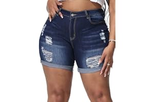 ALLEGRACE Plus Size Denim Shorts Women High Waisted Ripped Folded Hem Jean Shorts