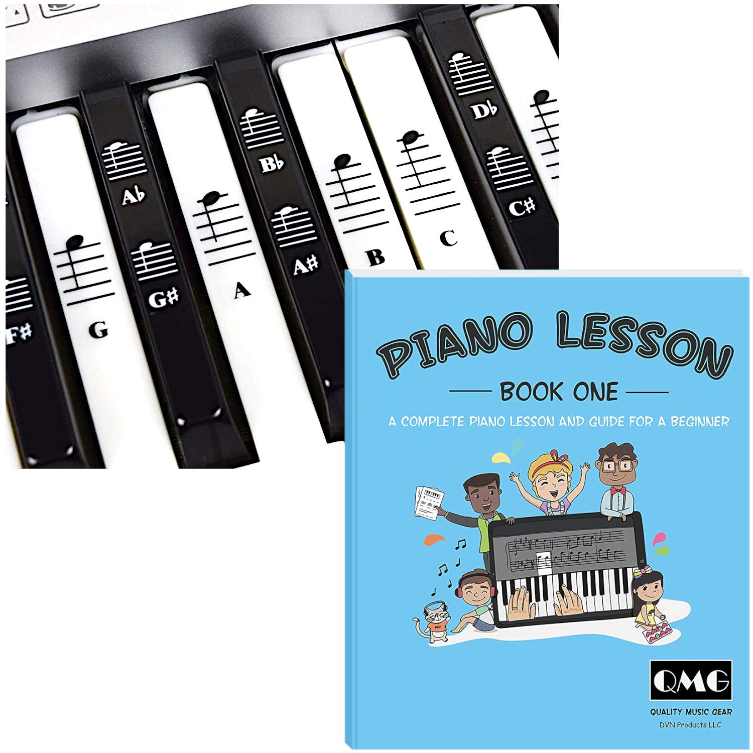 QMG Piano & Keyboard Stickers with Beginner Lesson Book – Complete Learning Kit for Note Recognition, Sheet Music Basics & Practice – Fits 49/54/61/76/88-Key Keyboards