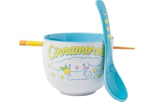 Silver Buffalo Sanrio Hello Kitty and Friends Cinnamoroll Lemons Ceramic Ramen Noodle Rice Bowl with Chopsticks and Spoon, Microwave Safe, 20 Ounces
