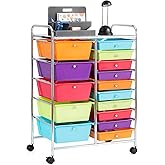 LUARANE Rolling Cart with 15 Drawers, Craft Storage Cart with Portable Handles & Lockable Wheels, Mobile Toys Organizer, Large Capacity Utility Drawer Cart Home Office School Teacher (Multi-colored)