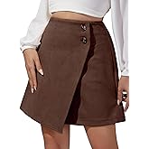 Ezcosplay Women High Waisted Faux Suede Mini Skirt Button Front Asymmetrical Hem A Line Short Skirt