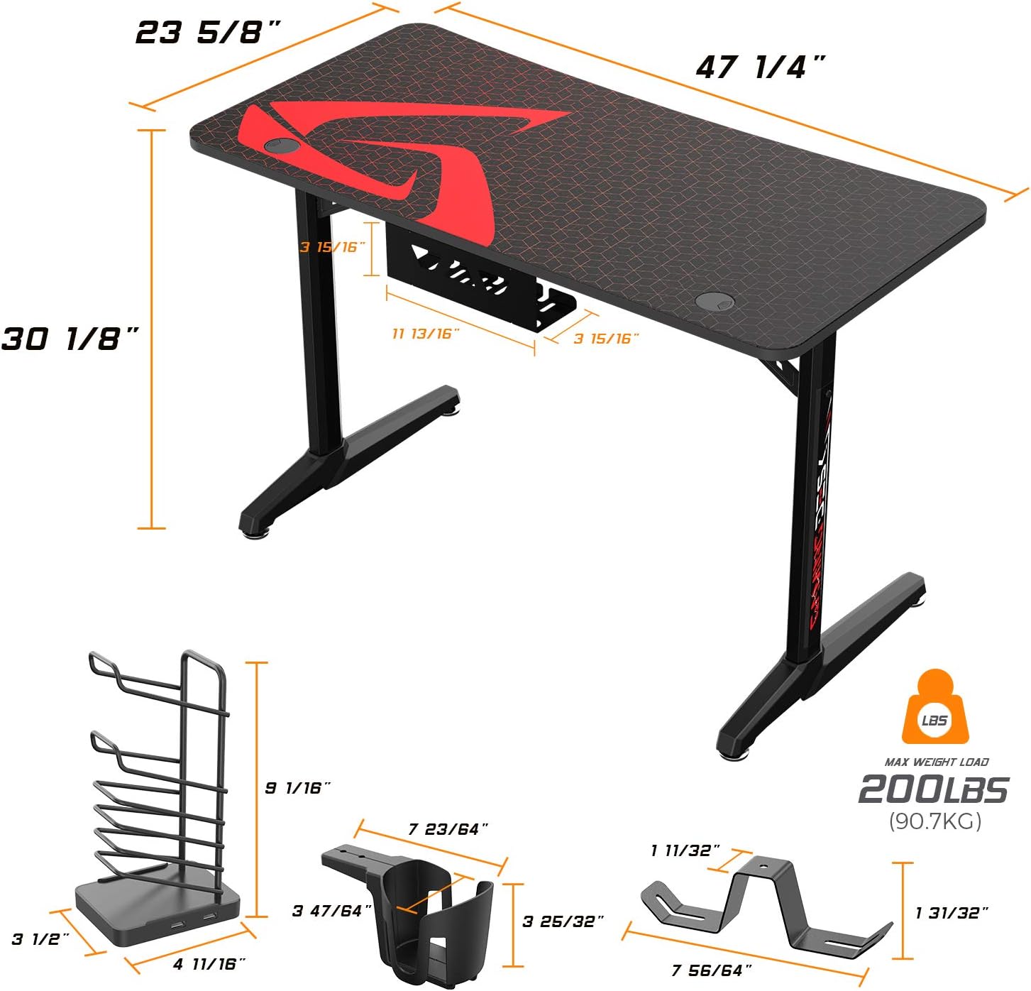 DESIGNA 47 inch Gaming Desk Racing Style, Computer Desk with Free Mouse pad, T-Shaped Professional Writing Table Workstation with USB Handle Rack, Cup Holder & Headphone Hook, Black: Kitchen & Dining