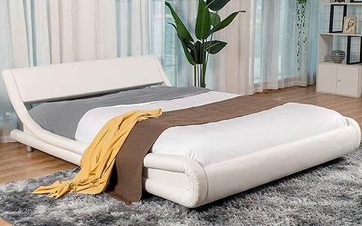 Amazon Com Allewie Queen Size Modern Platform Bed Frame With Curved Headboard Faux Leather Fully Upholstered Strong Wooden Slats Support Mattress Foundation With Adjustable Headboard White Furniture Decor