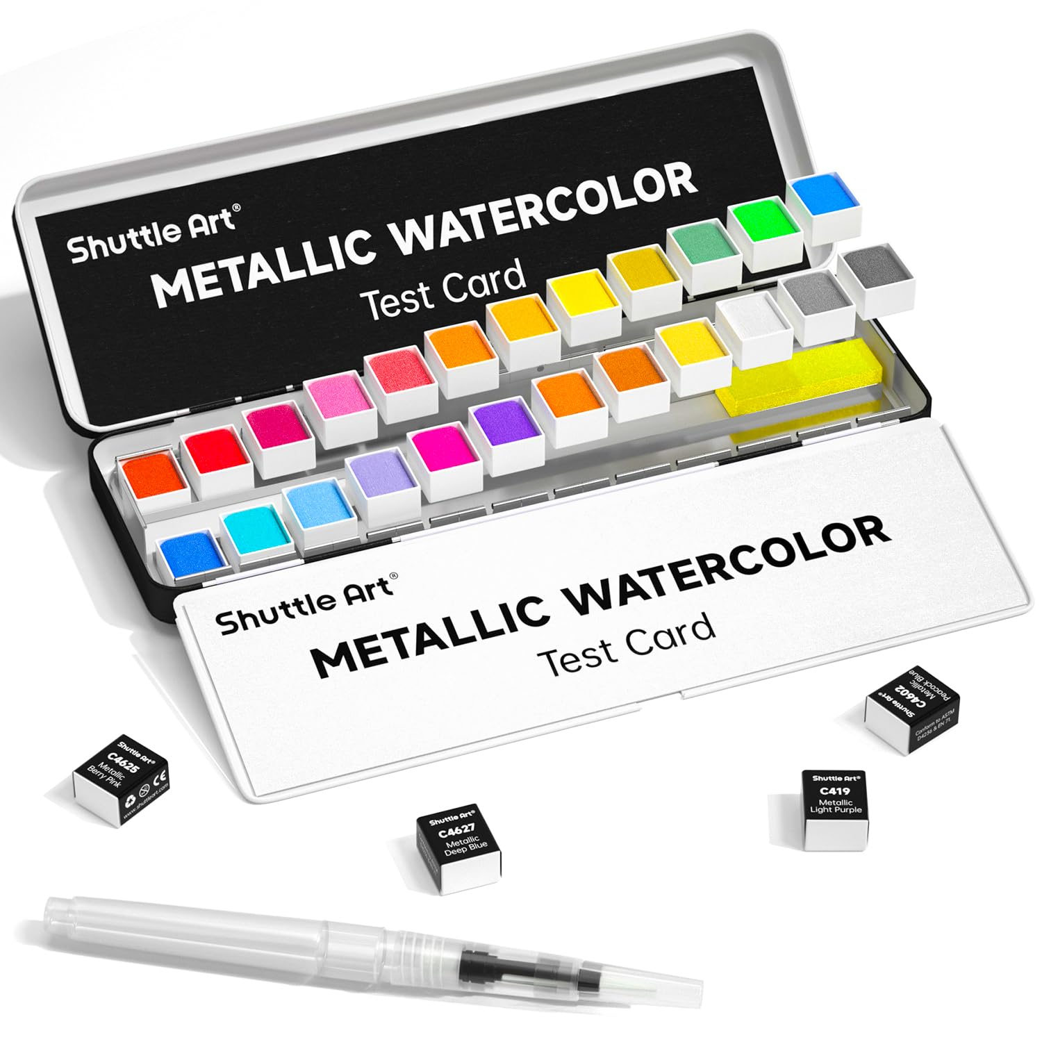 Shuttle Art Metallic Watercolour Paints Set, 24 Colours Glitter Watercolour Paints in Half Pan with Water Brush Pen Watercolour Pad &Metal Box, Art Supplies for Watercolour Painting, Calligraphy