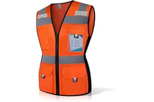 Uno Mejor Reflective Vest for Women, Mesh Womens Safety Vest with 11 Pockets and Zipper, Hi Vis Neon Construction Work Vest for Lady Surveyors/Workers, Snugly-Fitted, ANSI Compliant (U-Orange, M)