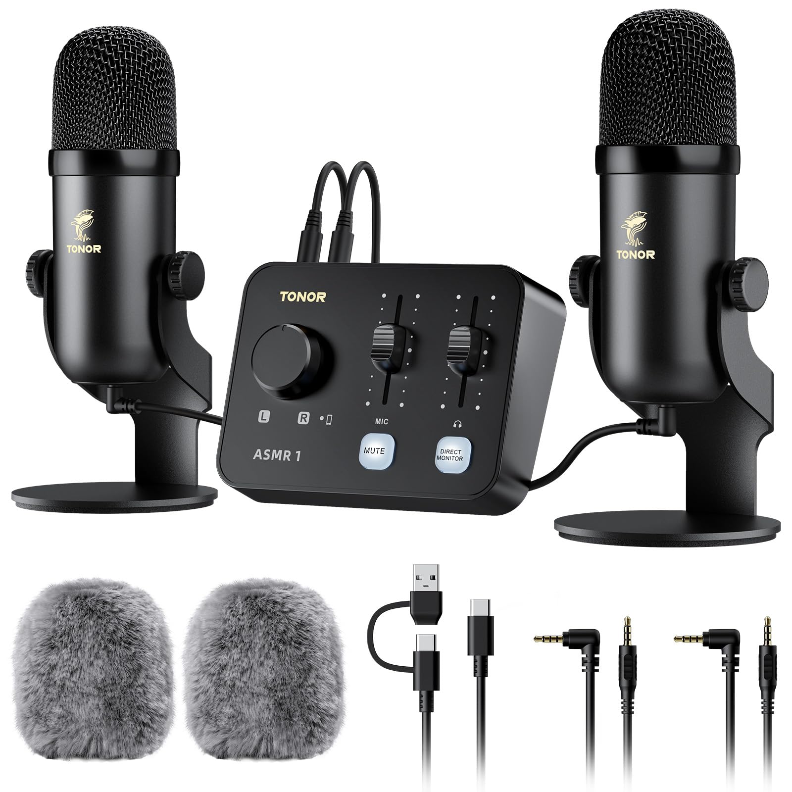 Photo 1 of TONOR ASMR Microphone Equipment Bundle with Audio Interface, Immersive 3D Stereo Audio, Dual Condenser Mics with Audio Mixer, Clear Sound, Volume Control, with Furry Windscreens, Set for ASMR, Black