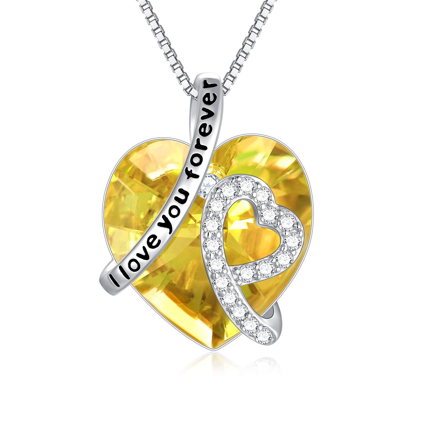 Sterling Silver I Love You Forever Heart Pendant Necklace with Birthstone Crystals, Birthday Wedding Anniversary Jewellery Gifts for Her Women Wife Mum Girlfriend (Simulated Topaz)