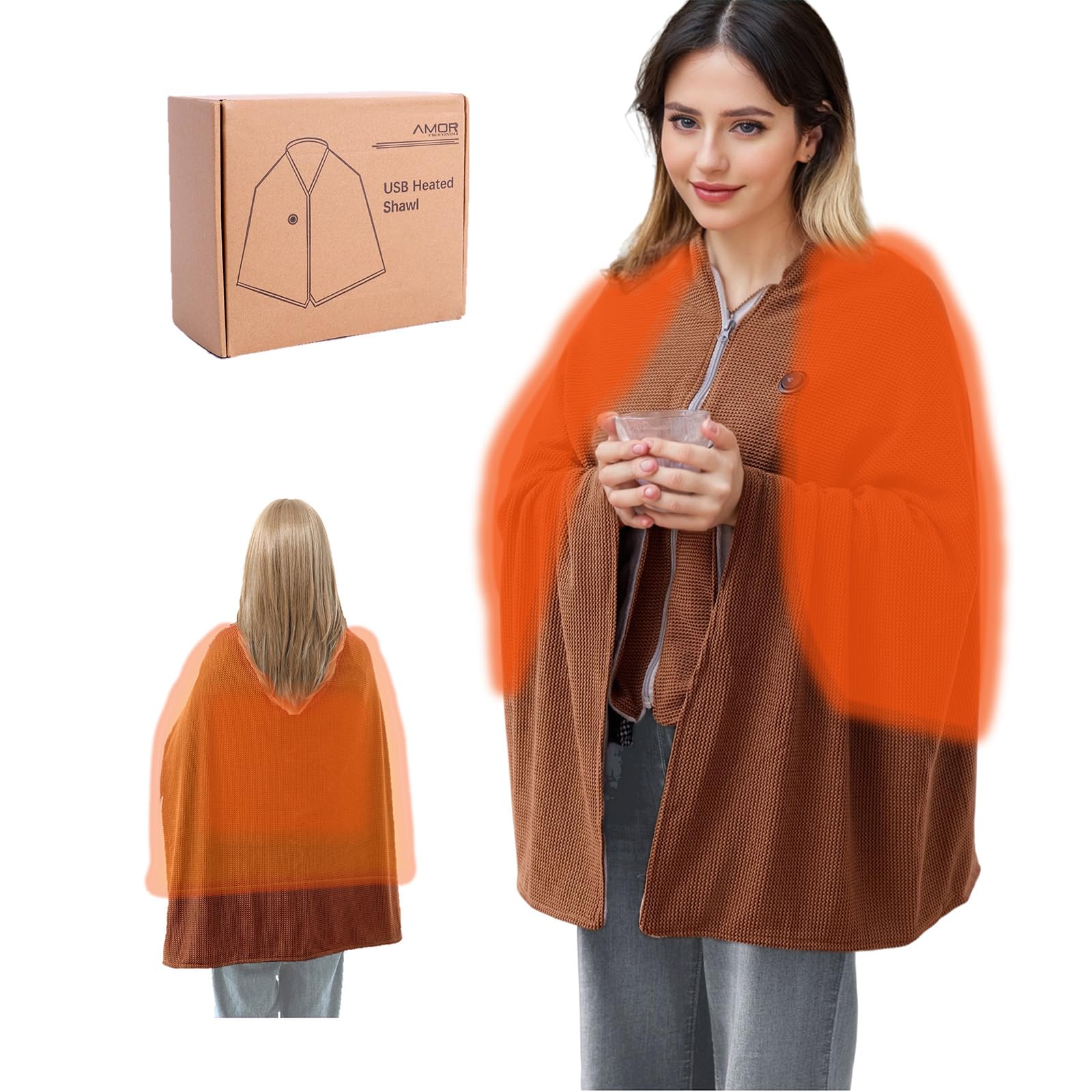 Photo 1 of ***DAMAGED - SEE NOTES/PICTURES***Cordless Portable Electric Heating Blanket, Battery Heated Wearable Shawl Wrap Blanket for Car, Camping, Home, Office, Wireless USB Zipper Heated Warming Shawl Poncho Cape Washable (Brown)