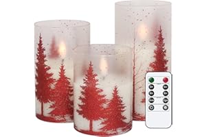 DRomance Christmas Tree Glass Flameless Candles with Remote Timer Battery Operated Real Wax 3D Wick LED Flickering Pillar Candles Christmas Holiday Decor(Red, 3 x 4,5,6 Inch)