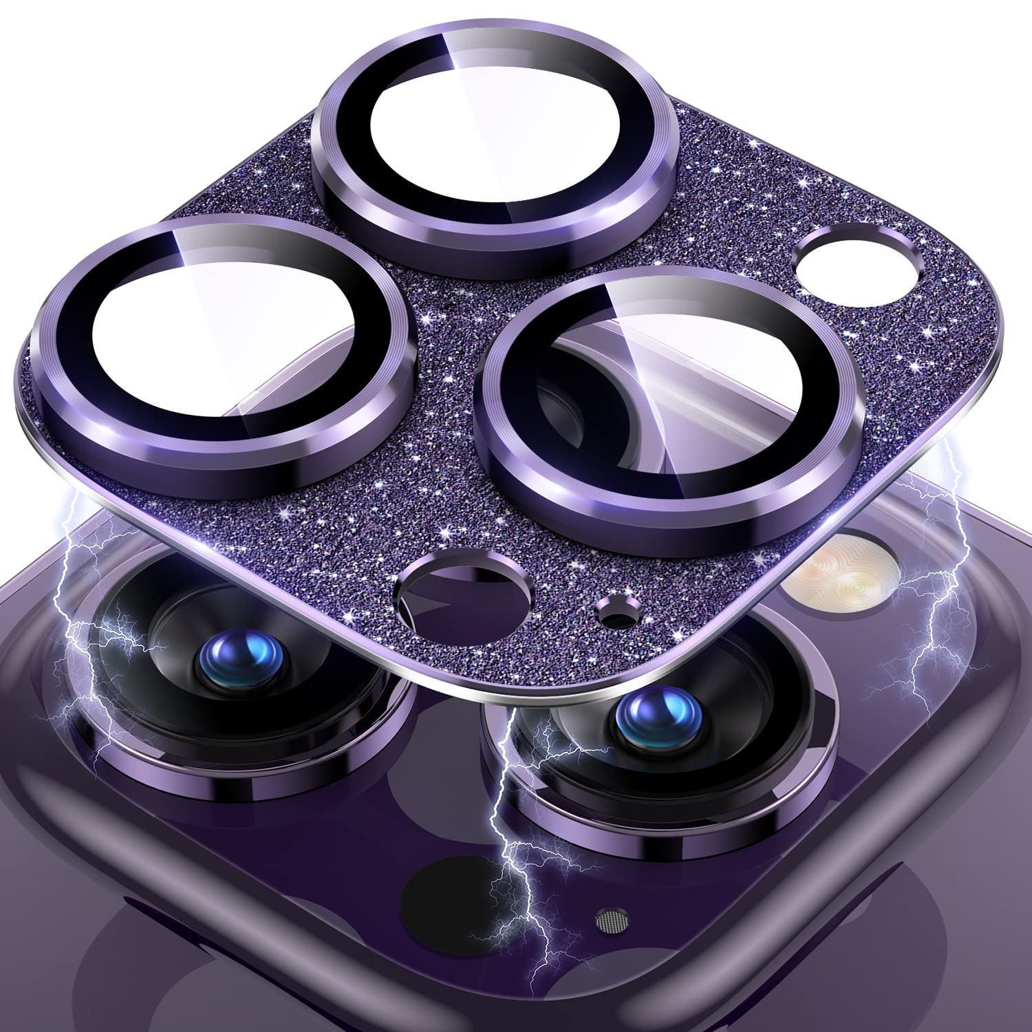 Photo 1 of Uyiton for iPhone 14 Pro/iPhone 14 Pro Max Camera Lens Protector, [Drop Protection] 9H Tempered Glass Camera Cover screen Metal Ring Case Friendly Scratch Resistant Easy to Install - Glitter Purple