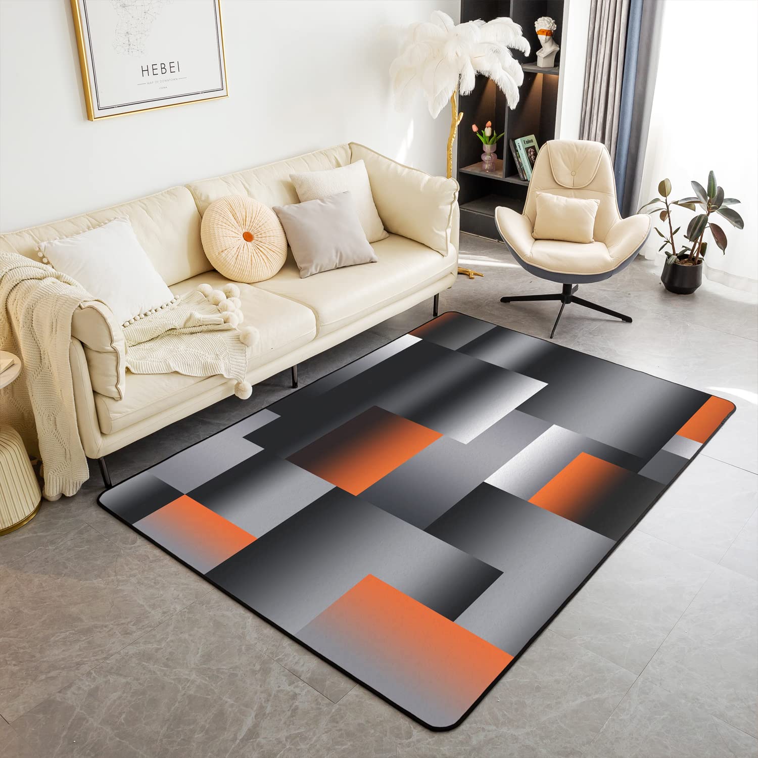 Loussiesd Black Orange Geometric Area Rug Kids 3D Rendering Abstract Art Living Room Rugs for Bedroom Rectangle Carpet Modern Floor Mat Accent Rug Decor 150 * 200cm