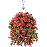 INQCMY Artificial Fake Hanging Plants Flowers Basket for Spring Summer Outdoor Outside Porch Decoration,UV Resistant Faux Silk Violet in Planter for Home Patio Balcony Garden Yard Decor(Red)