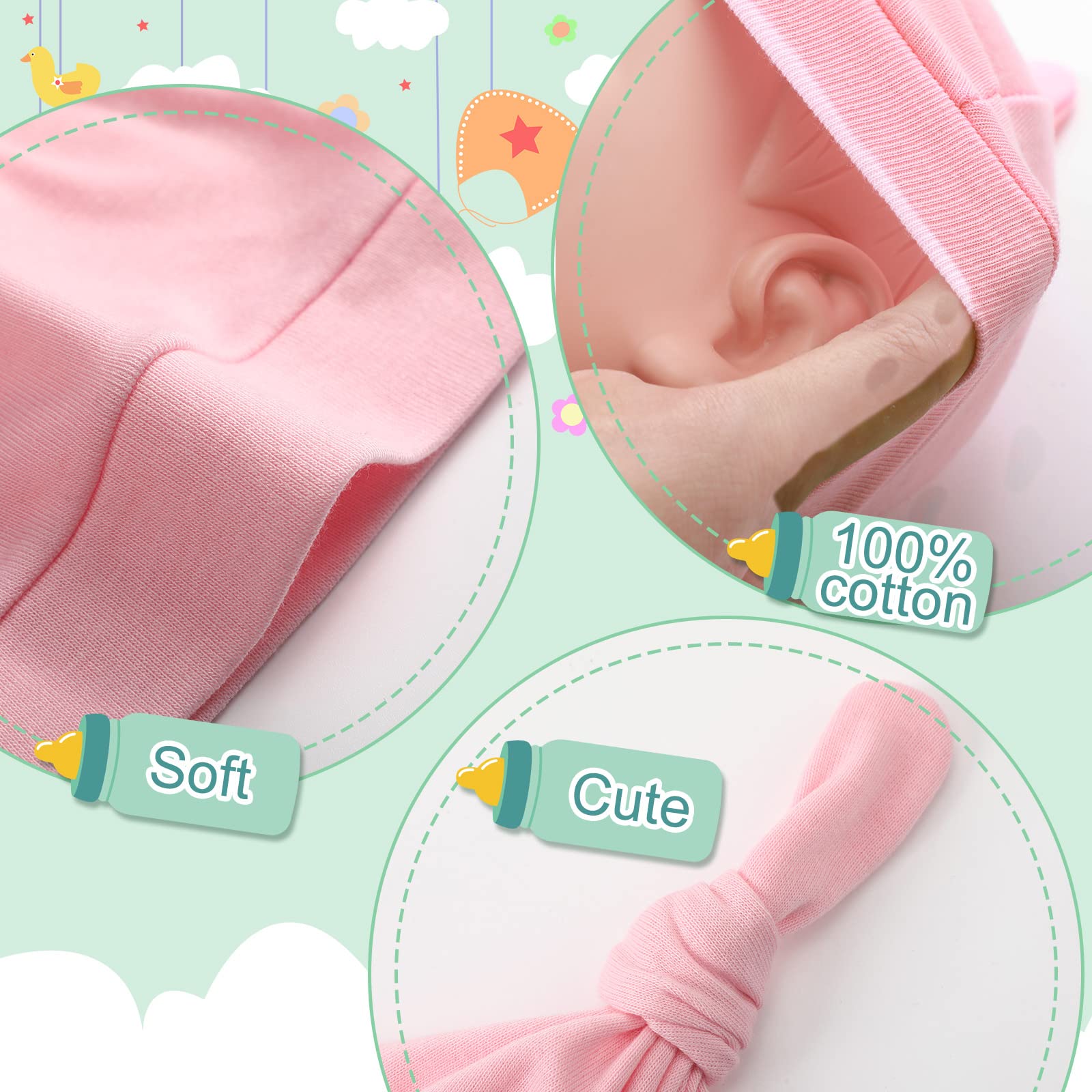Bonuci 30 Pack Newborn Baby Hats Bulk Knot Beanie Hats Soft for Infant Baby Boys Girls Caps 0-6 Months, Multicolored