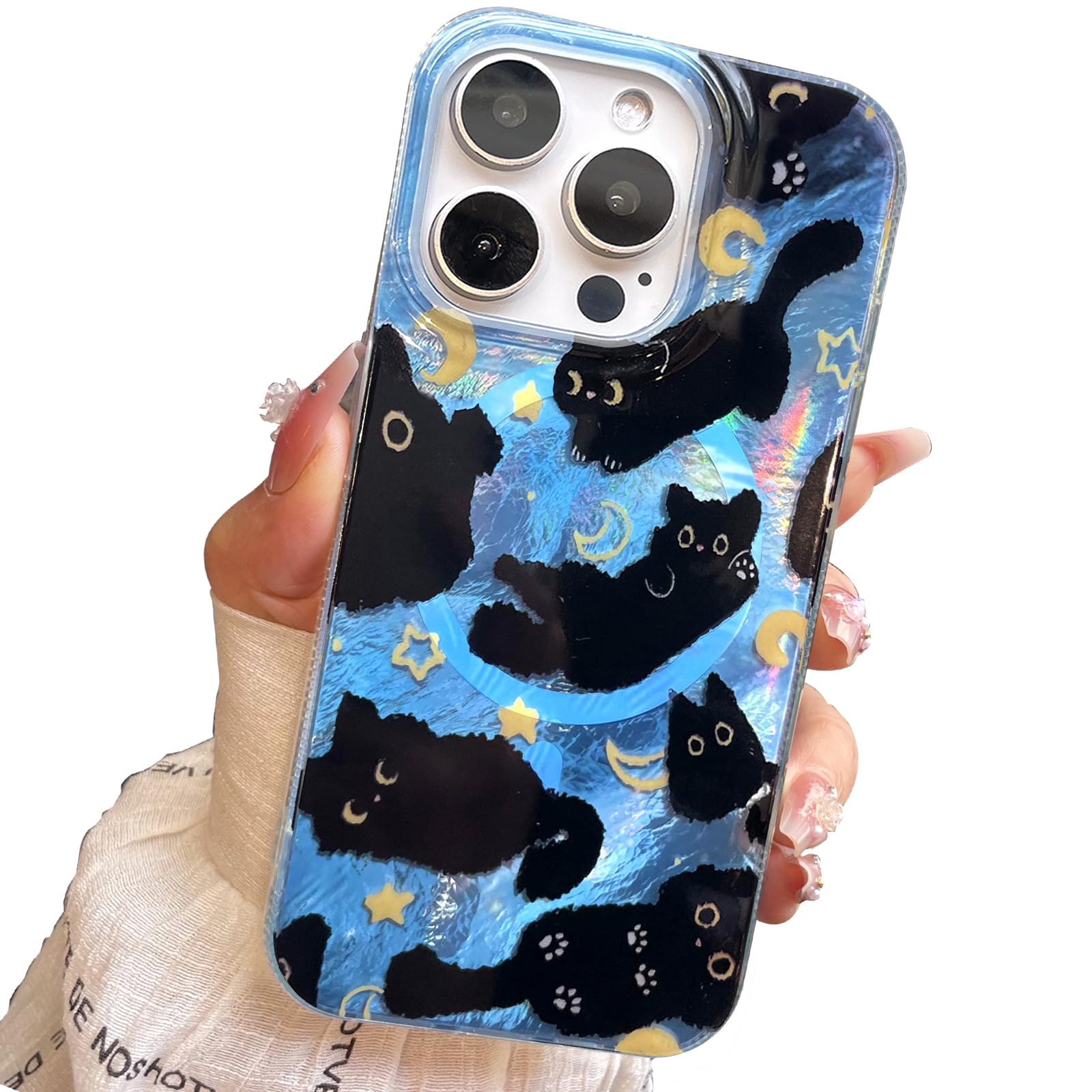 Photo 1 of buccilly Compact Case for iPhone 16 Pro Black cat Design,[Compatible with Magsafe] Cute Soft Slim TPU Shockproof Protective Bumper Phone Cases Cover for Aesthetic Glitter Shiny Adorable