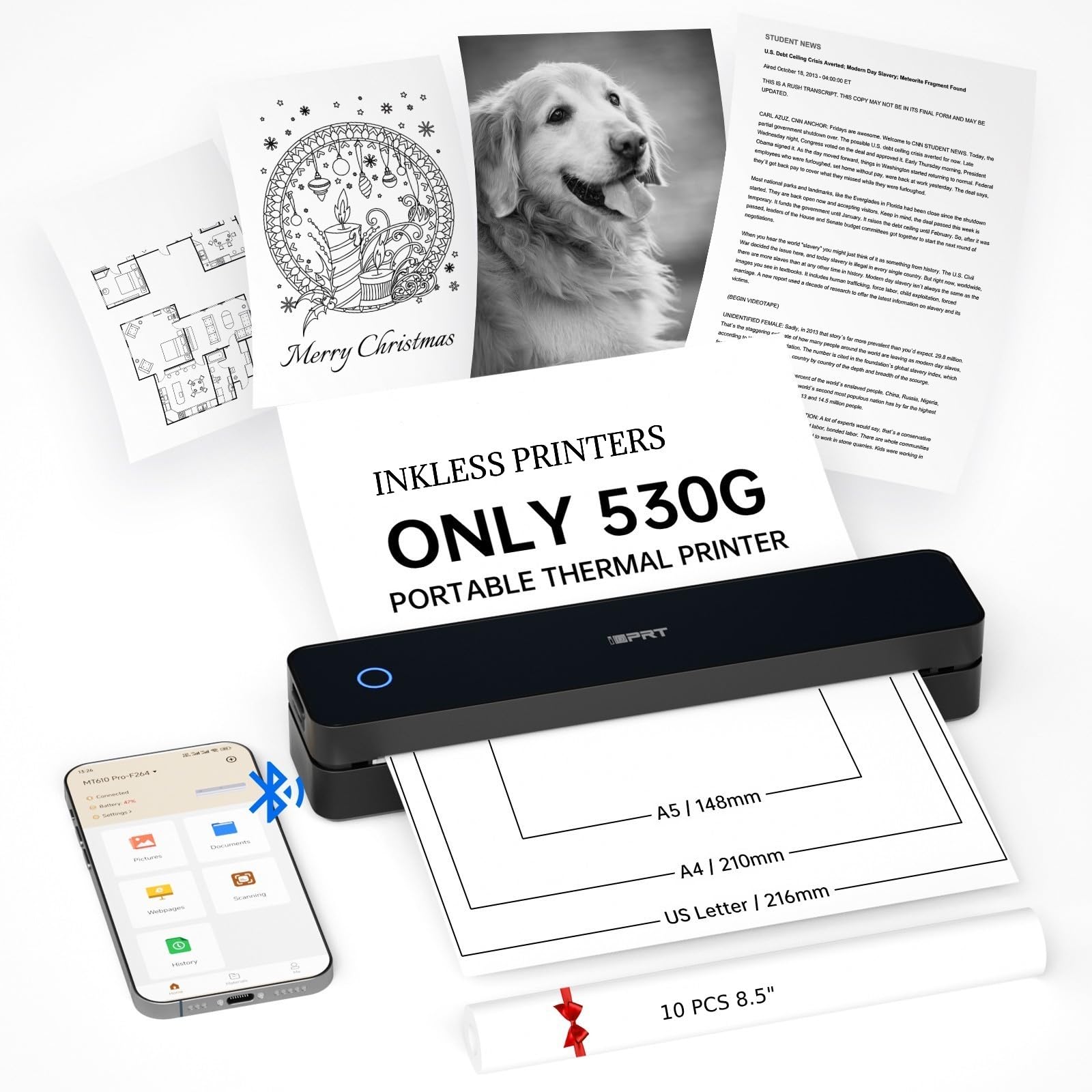 Photo 1 of iDPRT Portable Printer Wireless for Travel, Inkless Bluetooth Thermal Printers for Home,Office,Vehicles203DPI,Supports 8.5" x 11" US Letter&A4 A5 Size,Compatible with Android and iOS Phones&PC