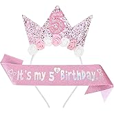 YARIEW 5th Birthday Decorations, 5th Birthday Headband and Glitter Sash Kit, Tiara Flower Princess Crown Headband for Party Favors Outfit