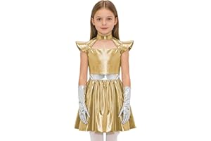 Hansber Kids Girls Alien Costume Robot Cosplay Costume Halloween Alien Outerspace Robot Outfit Role Play Light Gold 8 Years