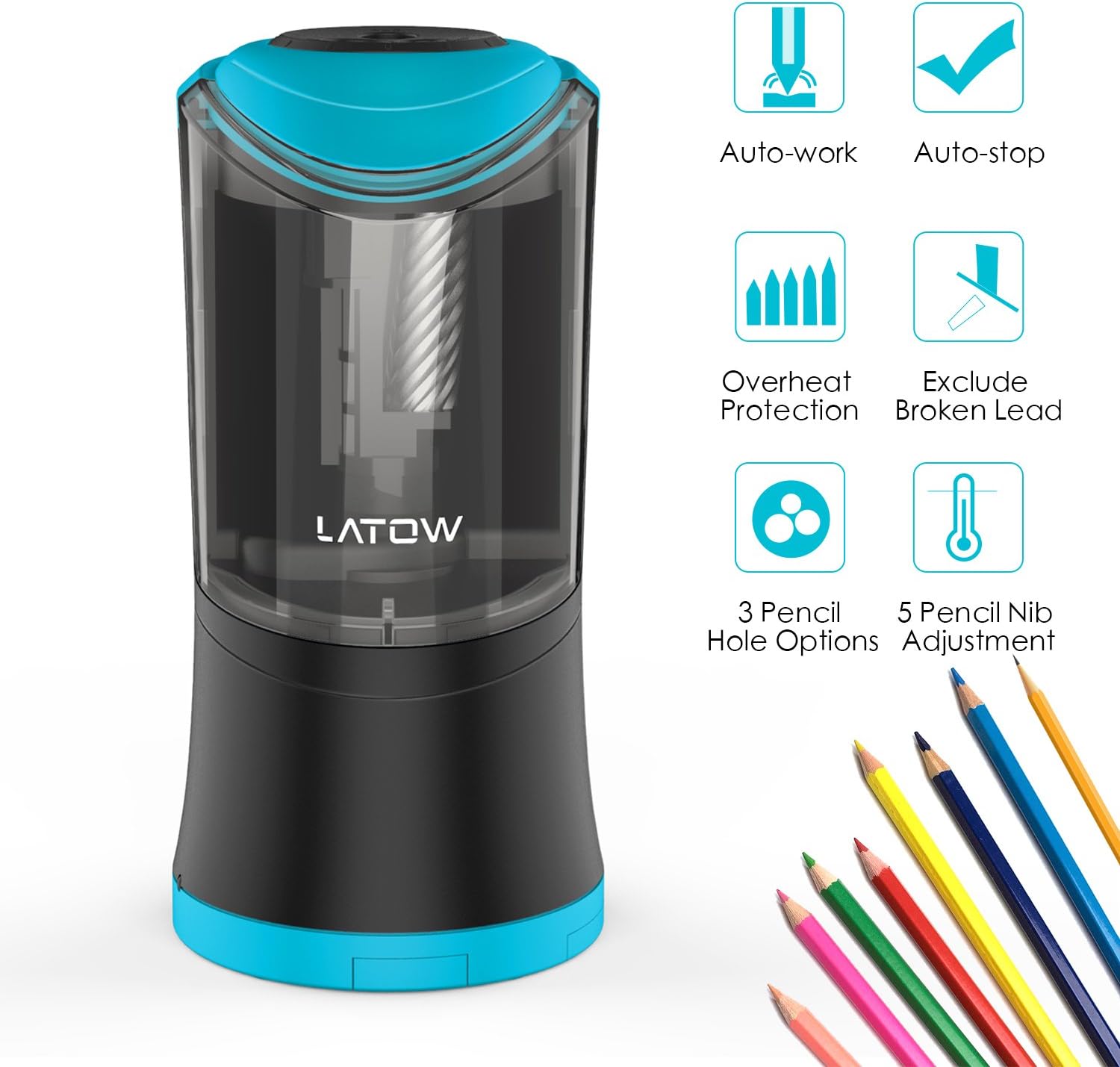 Electric Pencil Sharpener, LATOW Auto Stop Safety Heavy Duty Electric Pencil Sharpener for 6-12mm Diameter Pencils Ultra Portable for Home School Office Kids Artists with AC Adapter (Battery Operated)