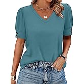 OFEEFAN Womens Tops Short Sleeve Shirts Buttons V Neck Spring Fashion Summer Outfits Plus Size Blouses Dressy Casual