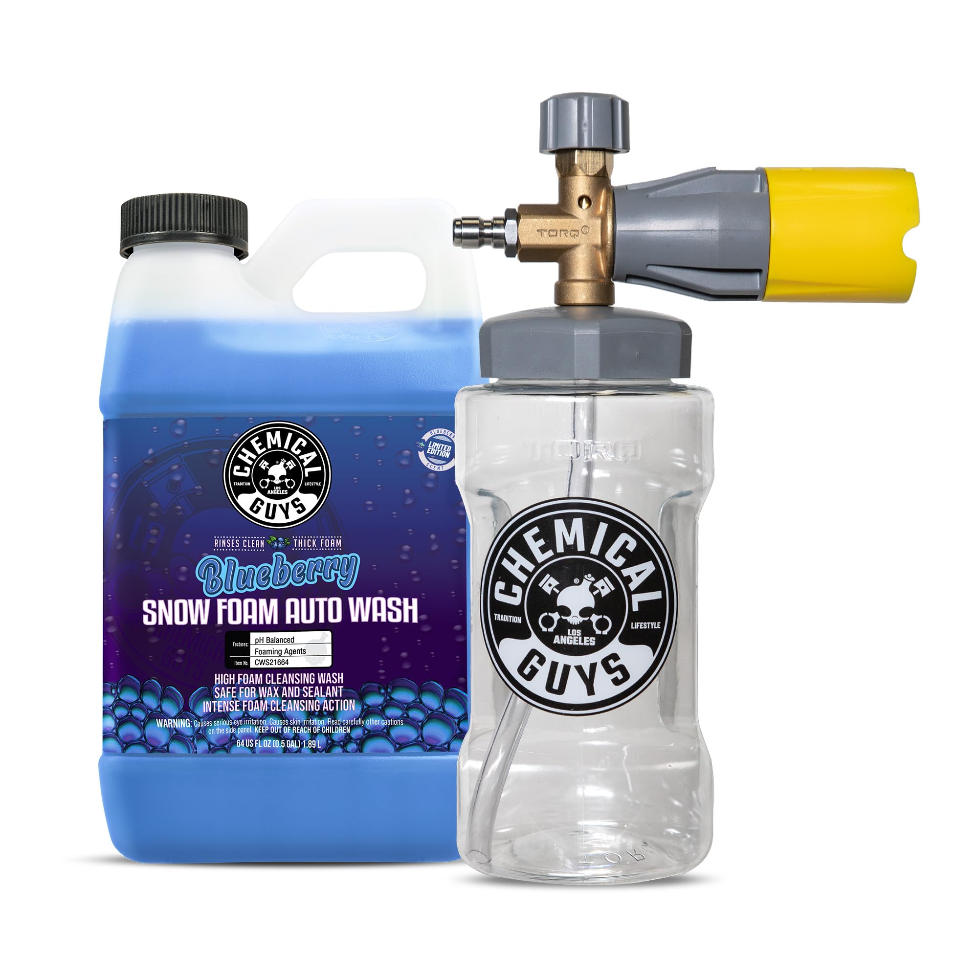 Chemical Guys Big Mouth Max Release Foam Cannon and Blueberry Snow Foam Car Wash Soap, 64 fl oz - Car, Truck, SUV, RV & Boat Wash (Big Mouth Cannon Connects to Pressure Washer) 34 oz Bottle - 2 Items Image