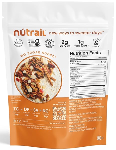 NUTRAIL NUT GRANOLA CEREAL, CINNAMON PECAN, NO SUGAR ADDED, GLUTEN FREE, GRAIN FREE, KETO, LOW CARB, HEALTHY BREAKFAST 8 OZ. 1 COUNT