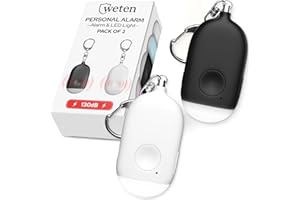 Weten Rechargeable Personal Alarm Keychain - 130dB Siren & LED Light - 2 Pack Personal Safety Alert for Women to Carry - Panic Button Alarm for Security - Rape Whistle for Self Defense (Black&White)