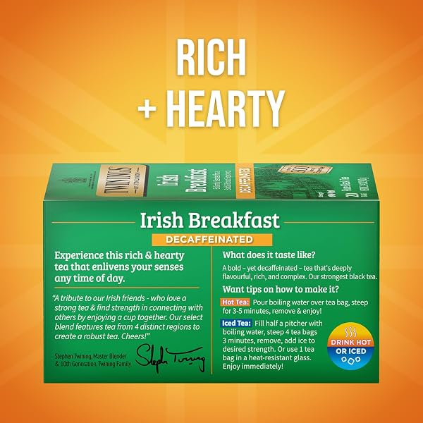TWININGS DECAFFEINATED IRISH BREAKFAST BLACK TEA INDIVIDUALLY WRAPPED BAGS, 20 COUNT (PACK OF 1), FLAVOURFUL, ROBUST, ENJOY HOT OR ICED, 20 TEABAGS