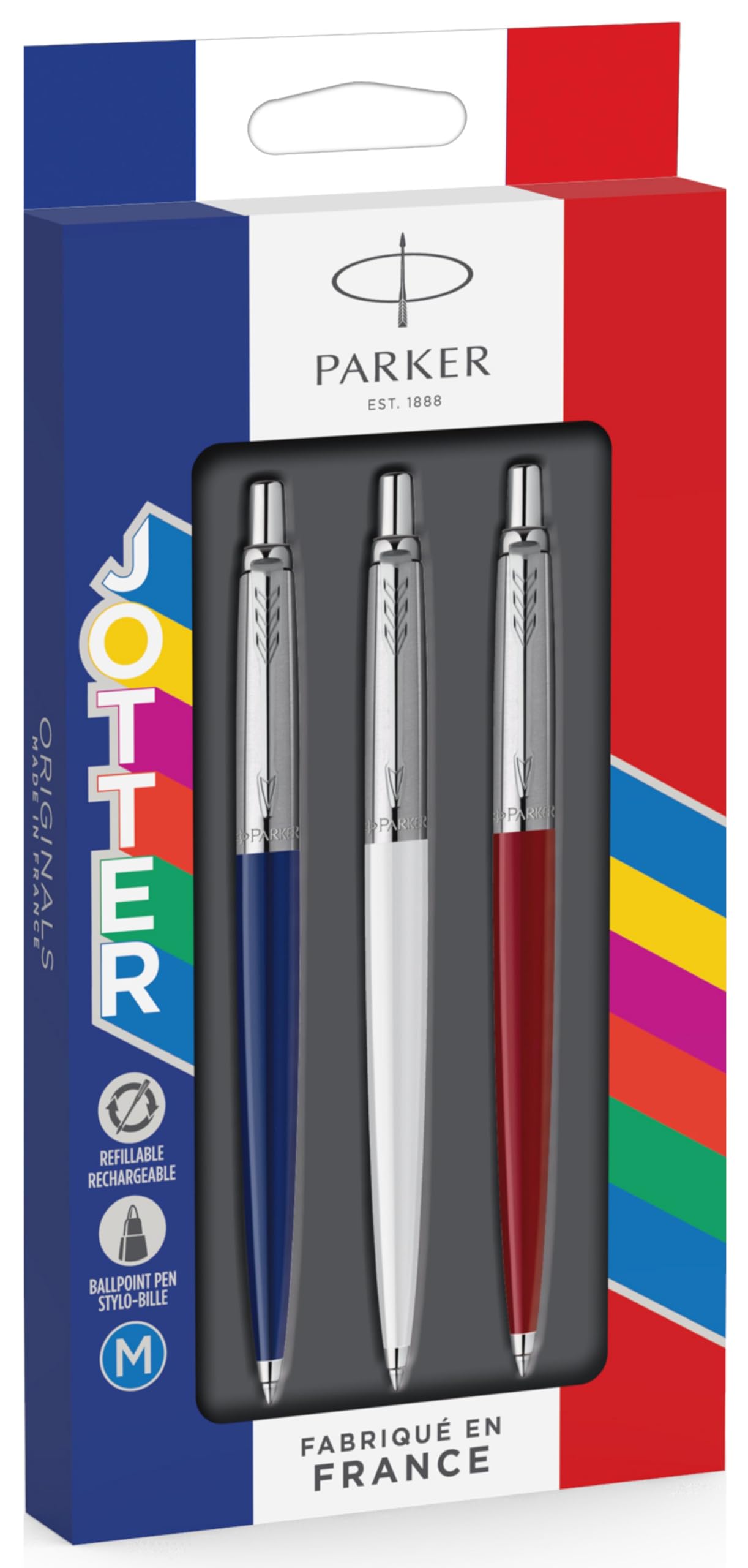 Parker Jotter Originals Ballpoint Pens | Limited Edition France Trio Pack | Blue, White & Red Barrels | Blue Ink | Set of 3 Pens