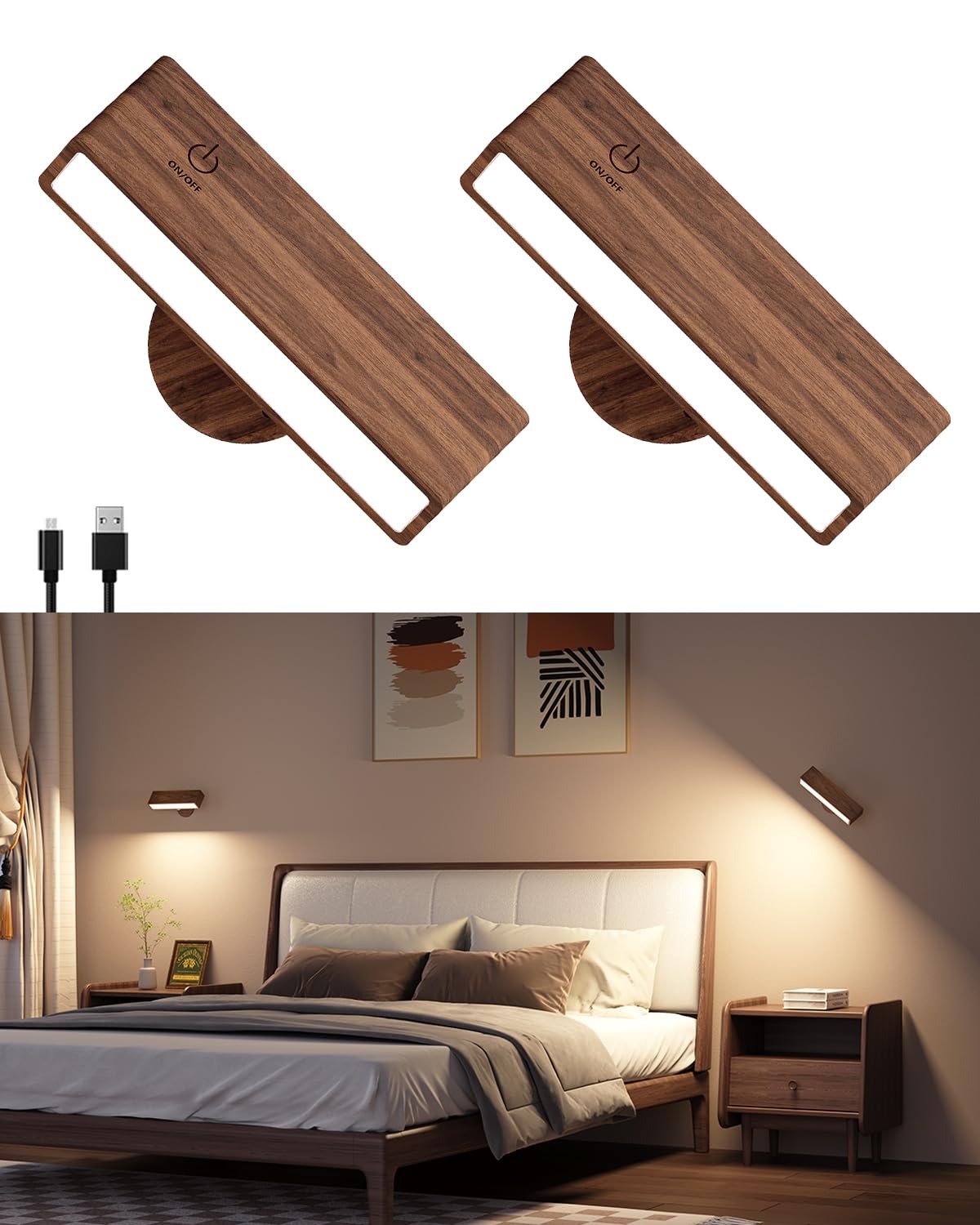 Photo 1 of DetarZinLED Battery Operated Wall Sconces Set of 2,Rechargeable Wall Lights Wood,Stick On Wall Lights for Bedroom,Wall Mounted Bedside Reading Lamps Dimmable,Battery Powered Wall Lamp for Bedroom