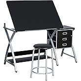 Yaheetech Drafting Table with Storage &amp; Stool, Adjustable Art Drawing Desk | MDF tabletop on a steel frame tilts 0-60&deg; for drawing or diamond painting, with three fabric drawers and padded round stool.