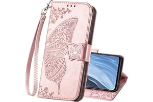 HAOTP Wallet Case for Oneplus Nord N300 5G,PU Leather Wallet Flip Protective Phone Case Wrist Strap Card Slots Holder Pocket Emboss Butterfly Flower Stand Case for Oneplus Nord N300 5G Rose Gold