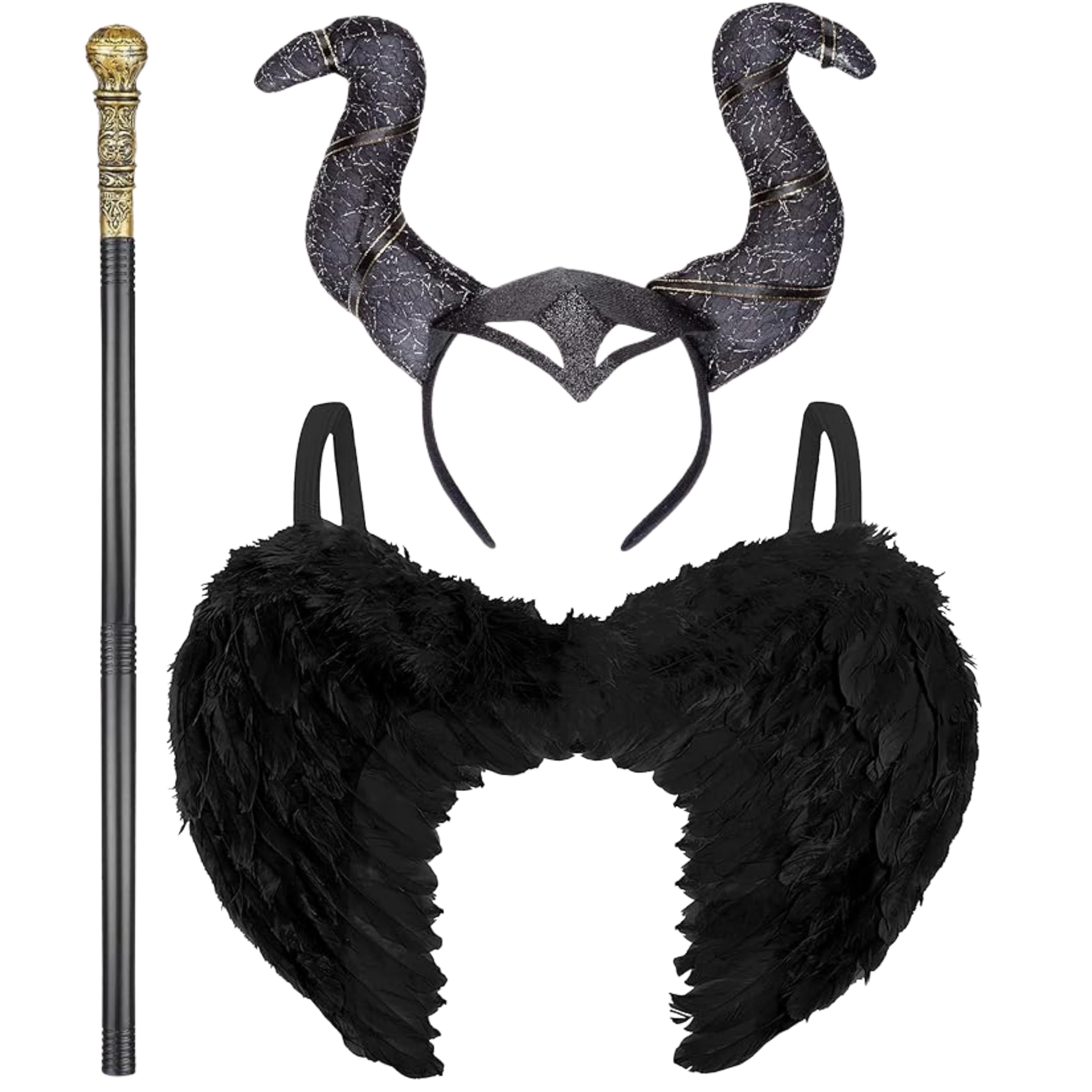 3pc Dark Fairy Costume with Black Wings, Gold Topped Staff and Black Horns Headband - Evil Witch Outfit Accessories for Halloween Costumes for Women - Evil Fairy World Book Day Fancy Dress Women