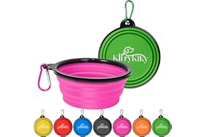 KIRRYKIKY Collapsible Dog Bowls, 2 Pack 11oz Portable Travel Dog Bowls, Foldable Water Bowl for Dogs Cats, Pet Feeding Watering Dish with Carabiner, Food Grade Silicone BPA Free(Pink+Green, Small)