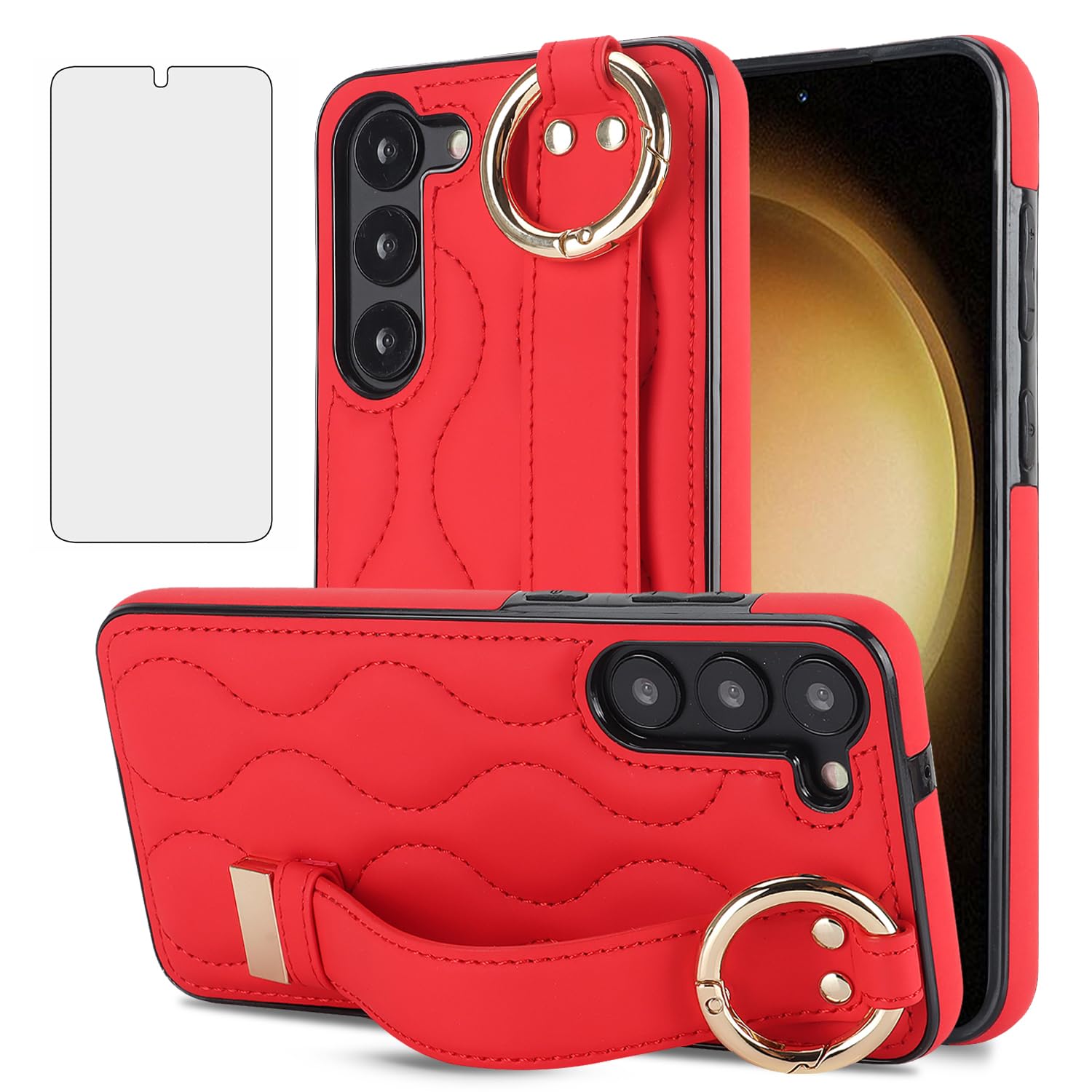 Photo 1 of Asuwish Phone Case for Samsung Galaxy S23 Plus S23+ 5G with Screen Protector Cover and Wrist Strap Kickstand Wristband Holder Stand Ring Cell S23plus 23S + S 23 23+ SM-S916U 6.6 inch Women Men Red