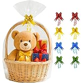 Volokitx 7-Pack 40x50 Inch Clear Cellophane Bags with 8 Colorful Pull Bows,Extra Large Cellophane Wrap for Gift Baskets, Baby Showers, Raffles, and Charity Auctions.
