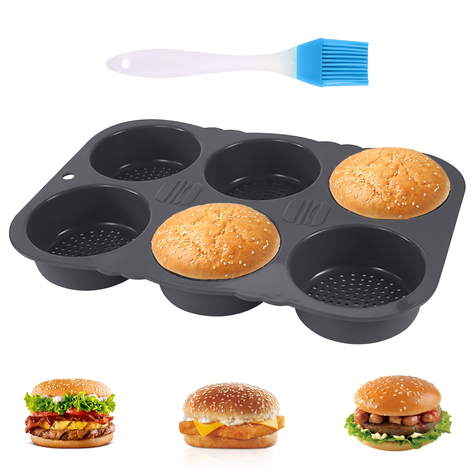Les-Theresa 4/6 Cavities Silicone Hamburger Mould, Hamburger Bun Pan Reusable Burger Bun Baking Tray, Non-Stick Perforated Burger Bread Mold for Microwave, Oven, Fridge and Dishwasher (01)