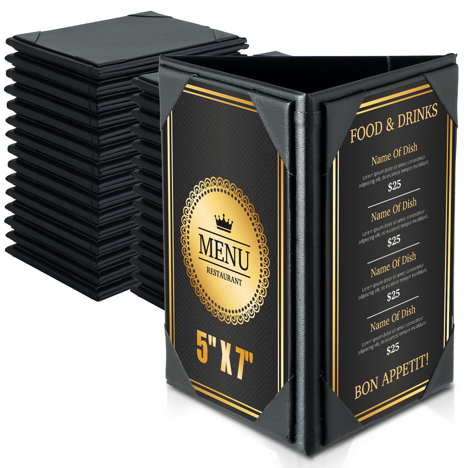 Photo 1 of FLKQC Leatherette Table Tents Triangle Menu Holders 5"x 7", 30 Pack 3-Side Picture Frames with Angled Corners for Restaurant, Bar, Cafe, Wedding, Durable and Foldable Design (30 Pack, 5" x 7")