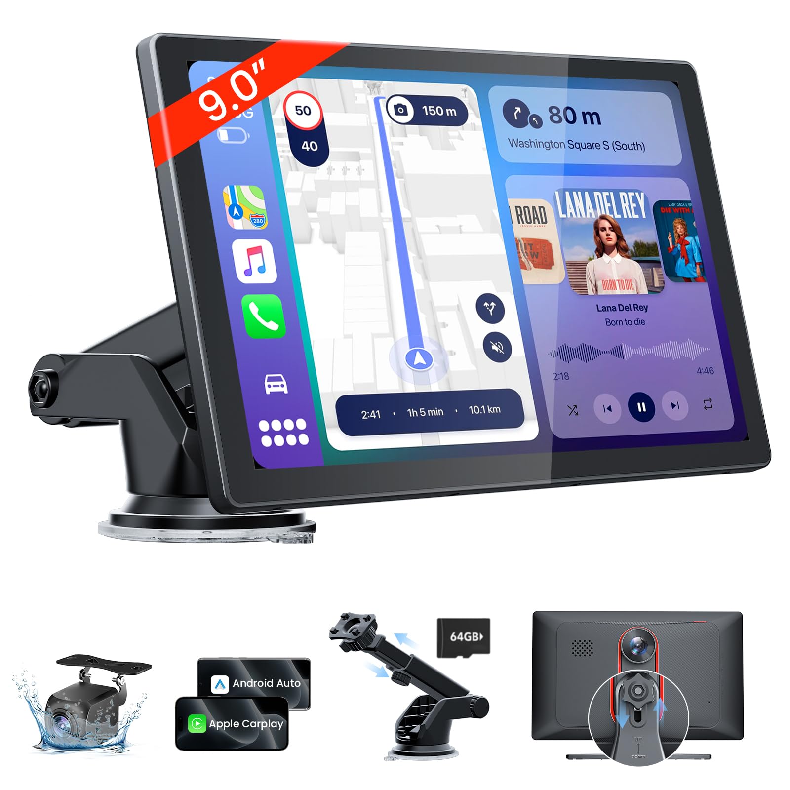 Photo 1 of TECXERLLON 9'' HD Portable Carplay Screen for Car with 4K Dash Cam & 1080P Backup Camera DVR, Car Audio Receivers with Carplay & Android Auto Touch Screen, GPS Navigation, Mirror Link, Voice Control