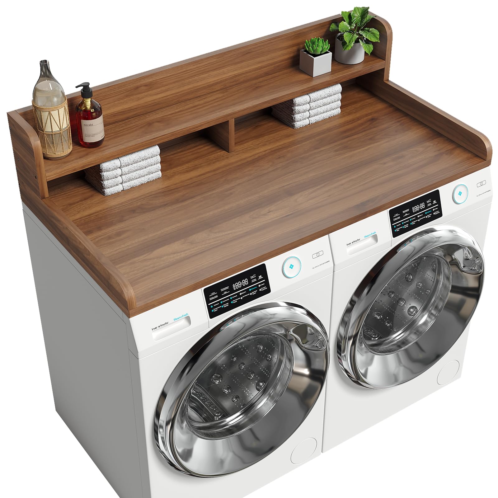 Photo 1 of 2-Tier Washer Dryer Countertop with 2.75" H Edge Rails, 54" W x 27.55" D Laundry Countertop for Folding Clothes, Washer and Dryer Topper with Non-Slip Pad (Dark Walnut)