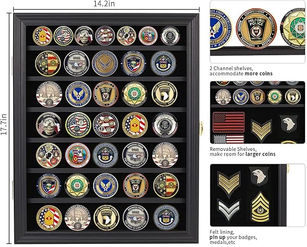 VERANI MEDALS DISPLAY CASE WALL FRAME FOR COLLECTOR, MILITARY CHALLENGE COINS HOLDER, PINS, LOCKABLE SHADOW BOX WITH REMOVABLE SHELVES BLACK