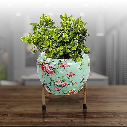 Urban Plant Designer Metal Planter with Triangular Iron Stand (Aqua Floral)