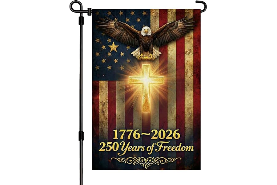 250 Anniversary USA Garden Flag, Double Sided Waterproof Patriotic Eagle Cross Flag 1776-2026, Christian Outdoor Yard Decor (12x18'')