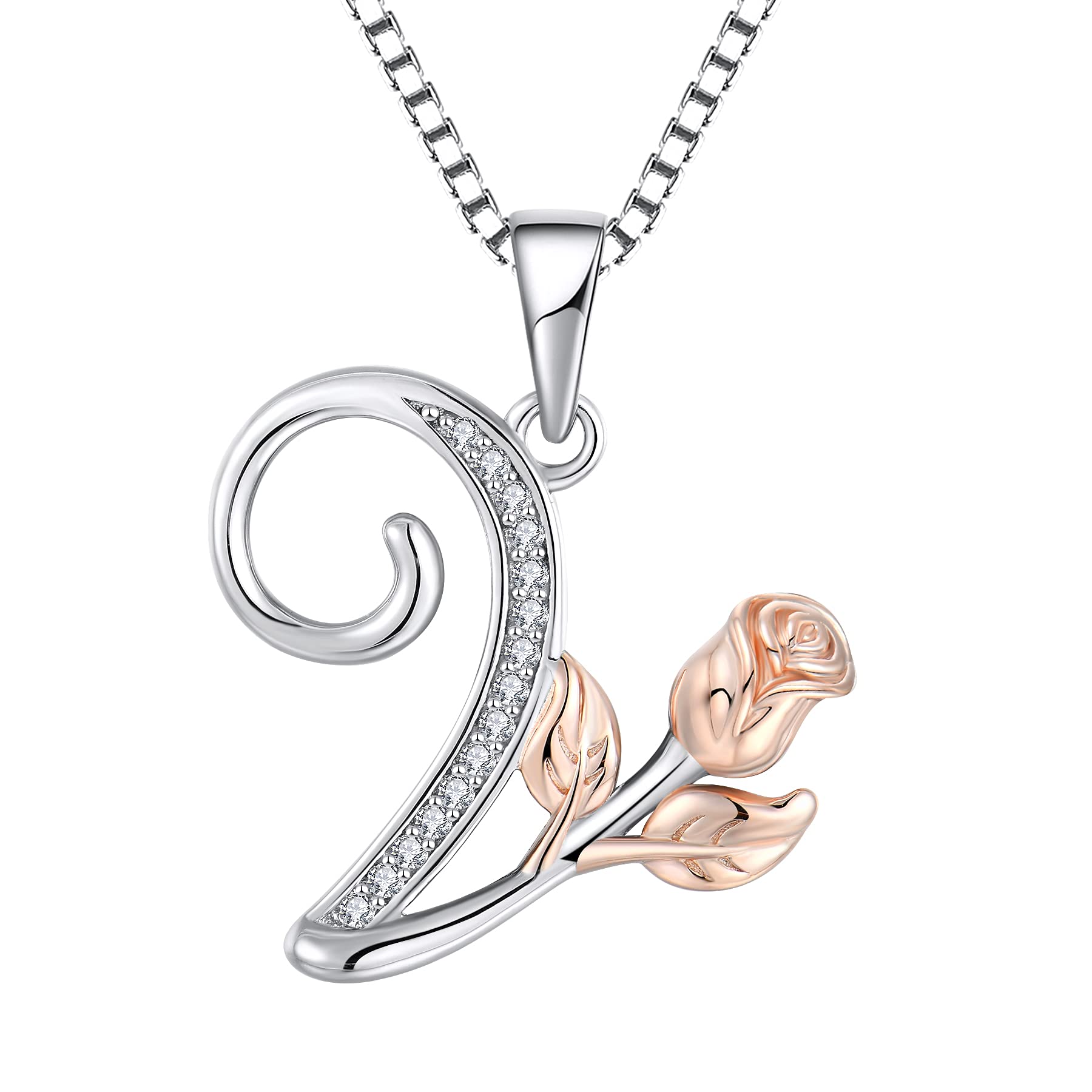 starchenie Alphabet Rose necklace Letter V Necklace Zirconia Pendant 925 Sterling Silver Necklace for Women