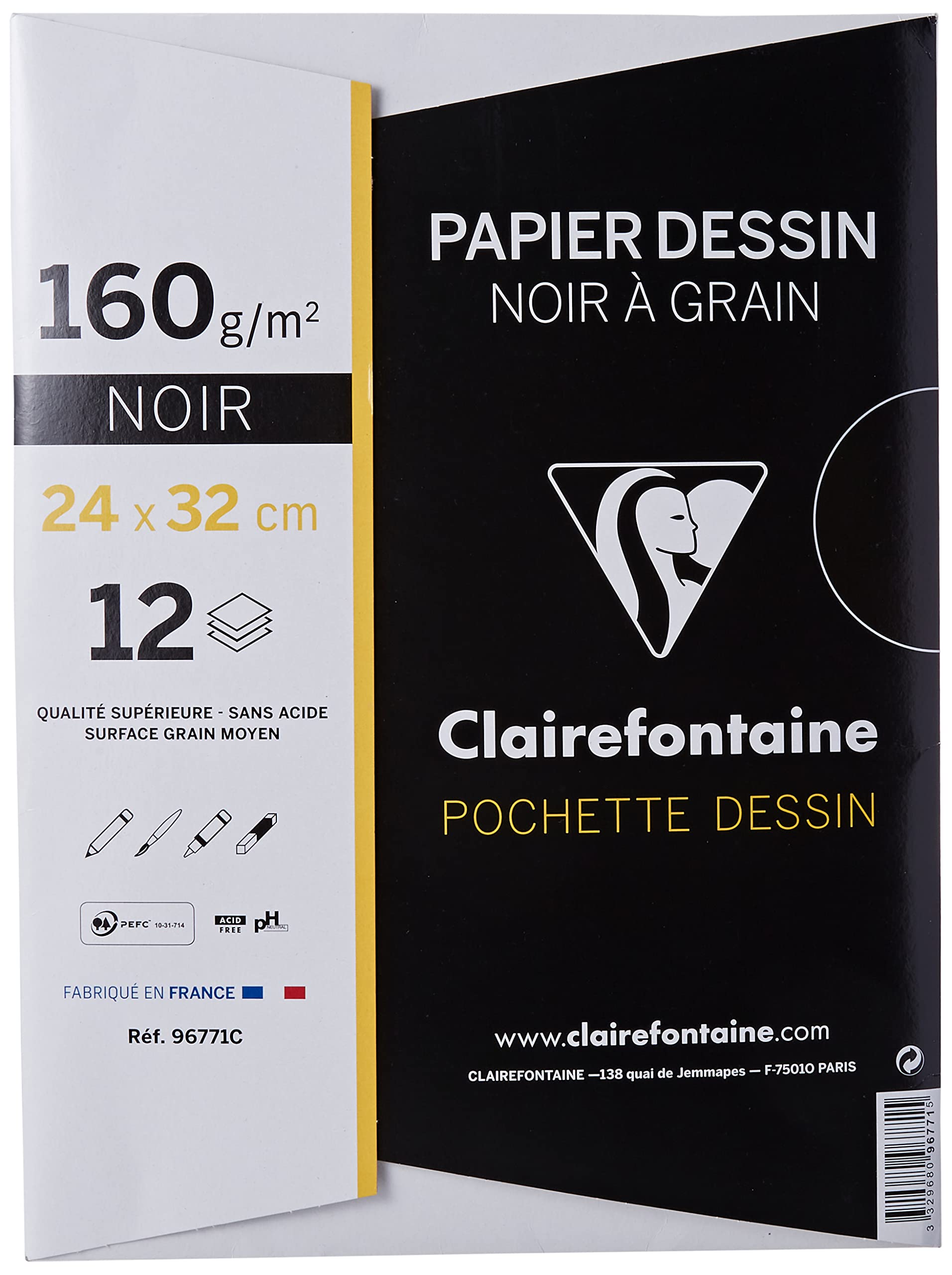 Clairefontaine - Ref 96771C - Etival Colour Black Grained Paper (12 Sheets of Paper) - 24 x 32cm, 160gsm Cellulose Art Paper with Grained Texture, Envelope Packet