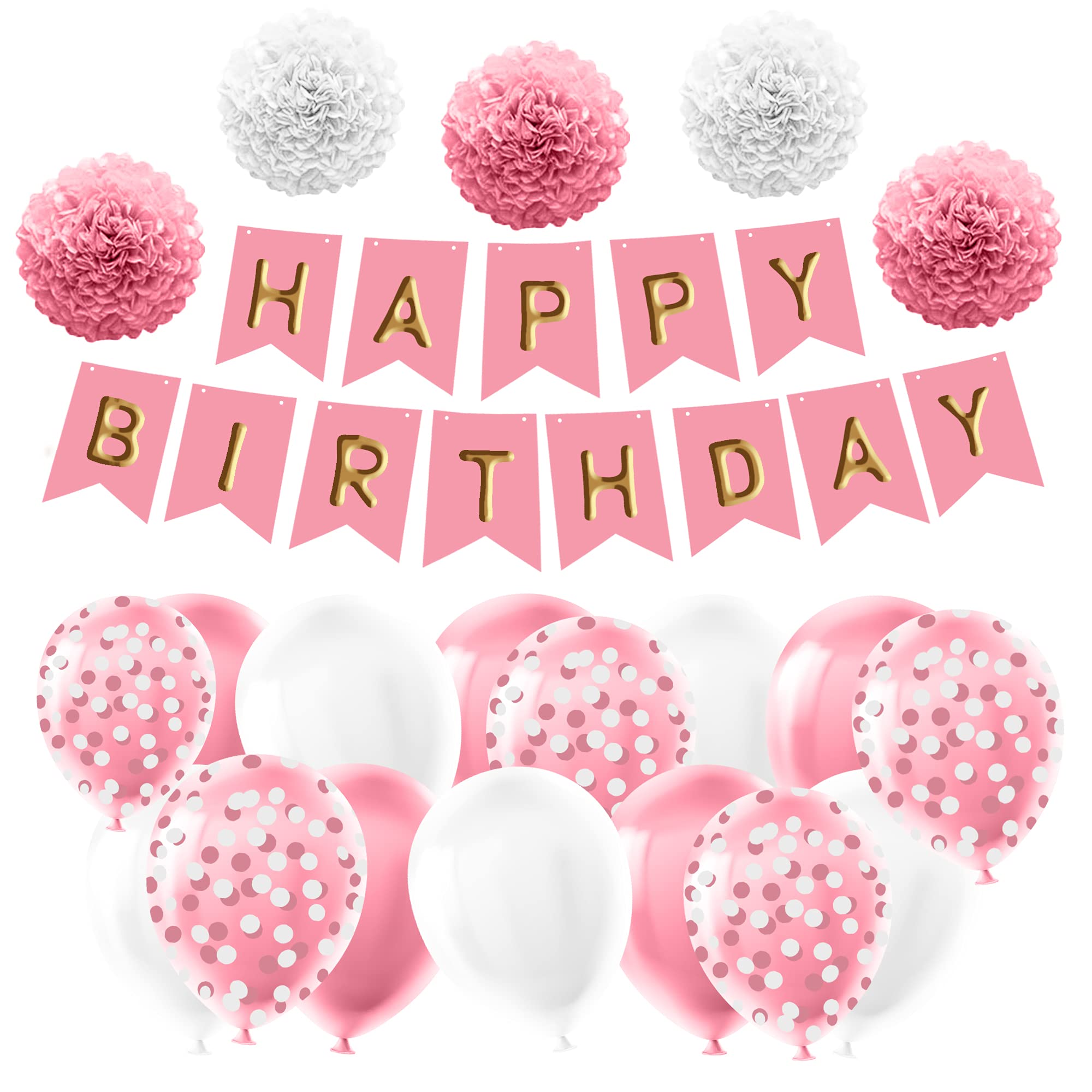 Happy Birthday Banner Birthday Balloons bunting banner Pink Blue Green Purple With Shimmering Gold Letters - Latex Balloons & Soft Paper Pom Pom - Pink bunting party decoration kit (Pink2)