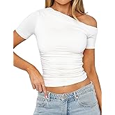 ForeFair Womens Short Sleeve Off Shoulder Tops Going Out Crop Top Slim Fitted Shirts Summer Outfits Y2K Cute Tops