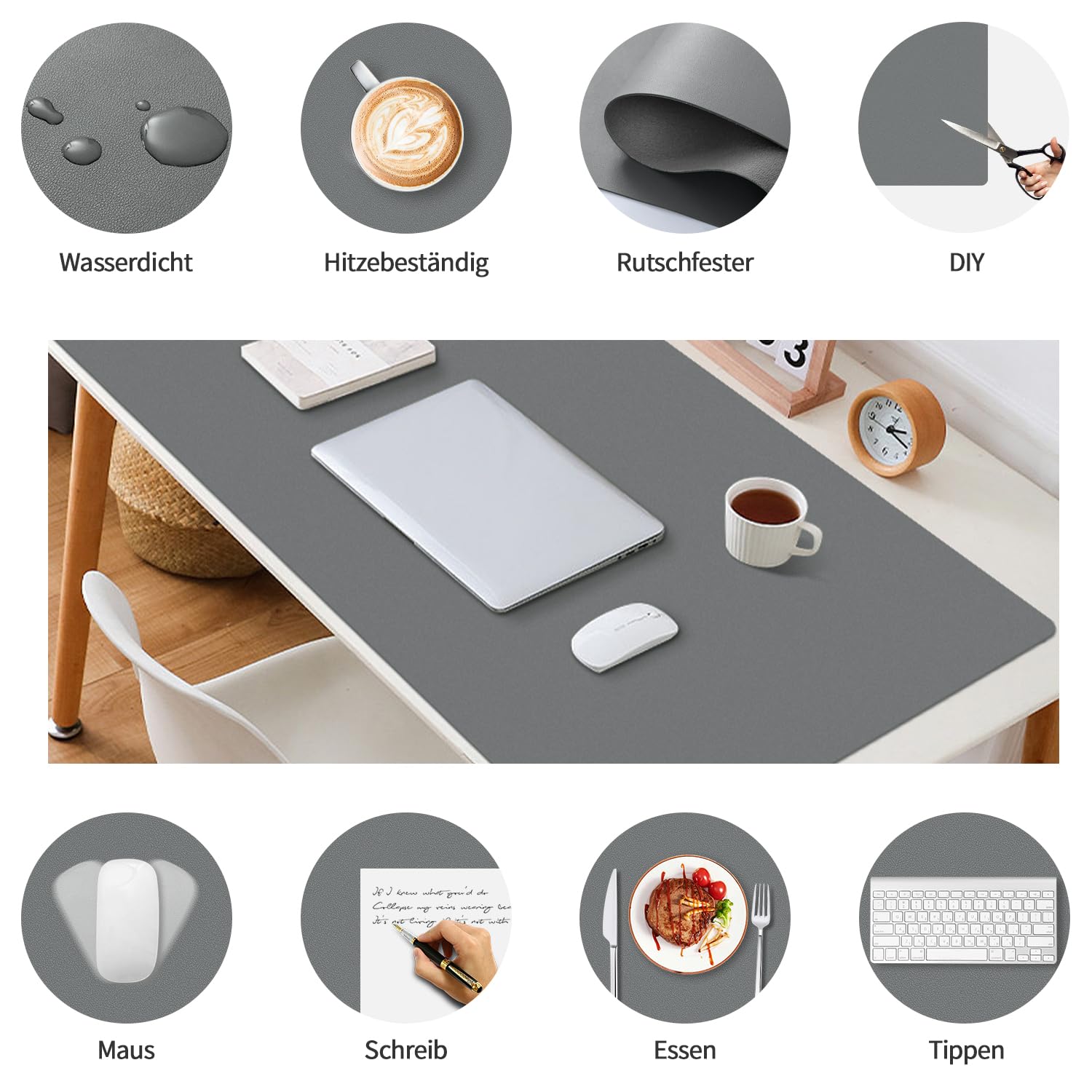 Sevenpers Schreibtischunterlage, 80x40cm office Mauspad aus PU-Leder, Leicht zu reinigende Tischunterlage, Schreibtischschutz rutschfest Unterlage für Büro, Zuhause, PC (Dunkelgrau) 4