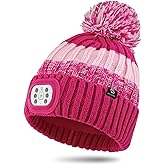 BERGWEISER Kids LED Beanie with Light, 3 Modes Headlamp Beanie Pompom Hat, Rechargable Removable USB, Gift