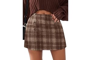 EXLURA Womens Faux Wool Plaid Mini Skirt Elastic High Waisted Tweed Skirts Button Bodycon Skirt Fall Winter Outfit Pocket